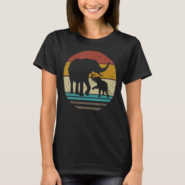 Retro Sunset Niedlich Elephant Mama Baby Zoologe B T-Shirt (Vorderseite)