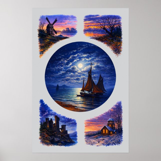 Retro Sunset & Night Landscape Vignettes Poster (Vorne)
