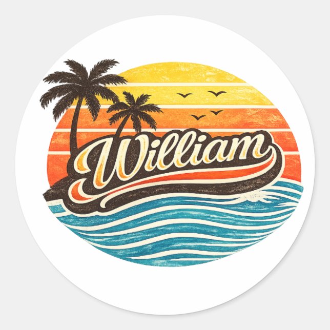 Retro Sunset Palm Tree Name Art – William Runder Aufkleber (Vorderseite)