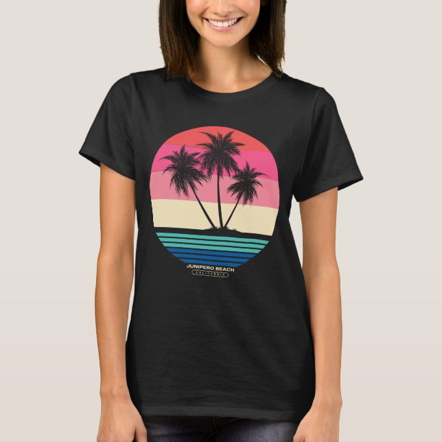 Retro Sunset Palm Trees Junipero Beach T-Shirt (Vorderseite)