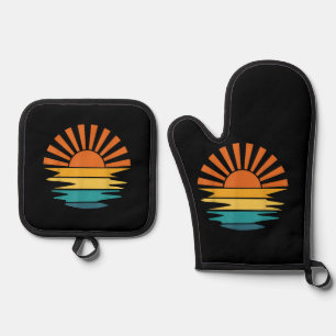 Retro Sunset Rays Wavy Vintag Retro Sunshine Sun Ofenhandschuh & Topflappen-Set