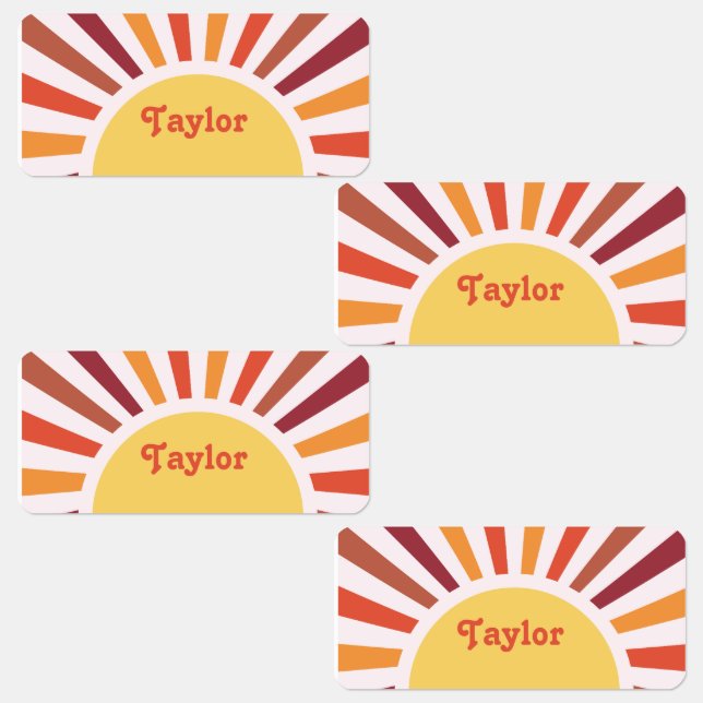 Retro Sunset Sun Rays Personalisierter Name Etiketten (Gruppe)