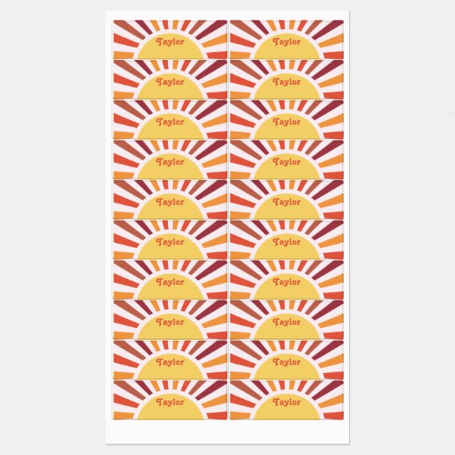 Retro Sunset Sun Rays Personalisierter Name Etiketten (Blatt)