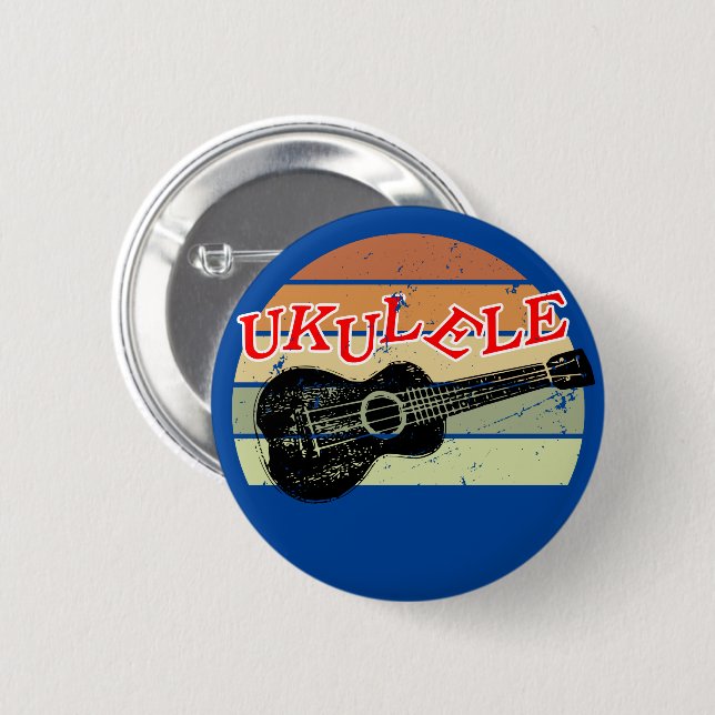 Retro Sunset Ukulele gestört Zeichnend Blau Button (Vorne & Hinten)