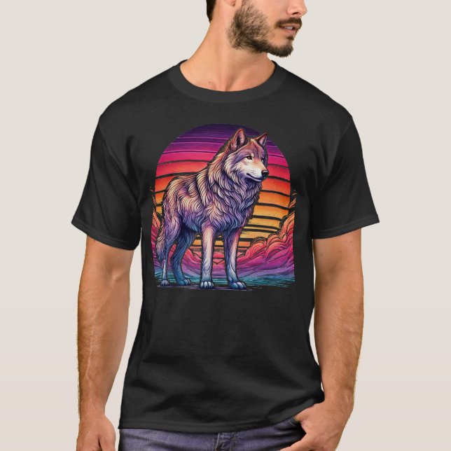 Retro Sunset Wolf Silhouette T-Shirt (Vorderseite)