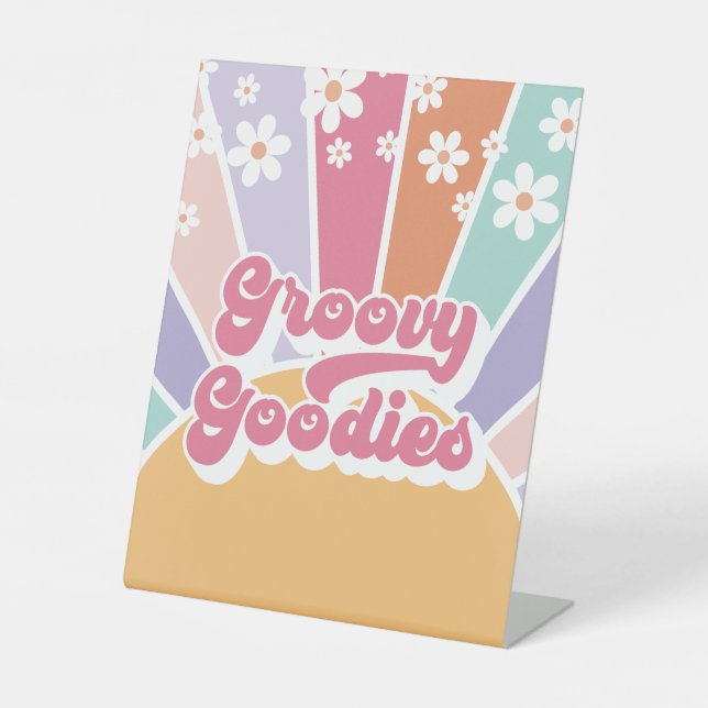 Retro Sunshine Birthday Groovy Goodies Gefallen Sockelschild (Vorderseite)
