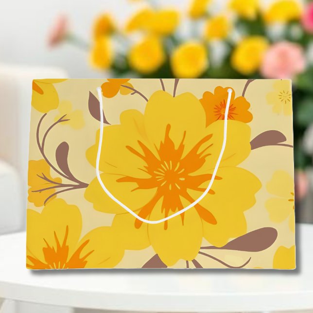 Retro Sunshine Blume Gelbes Blumenmuster Große Geschenktüte (Retro Sunshine Flowers-Yellow Floral Pattern Large Gift Bag )