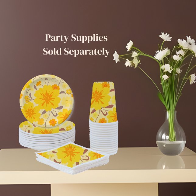 Retro Sunshine Blume-Party-Zubehör- Pappteller (Party Supplies Yellow with orange and mocha mousse plates cups and napkins with background)