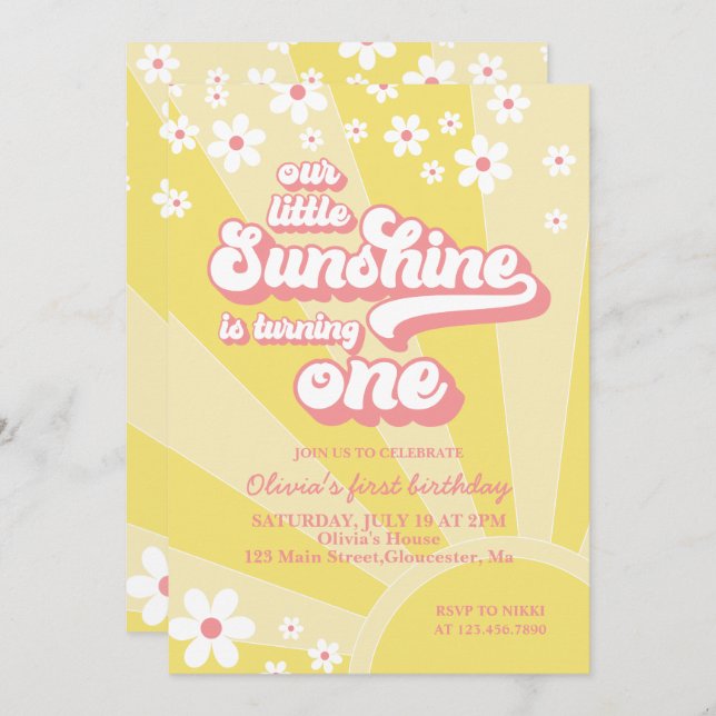 Retro Sunshine daisy boho florale ersten Geburtsta Einladung (Vorne/Hinten)