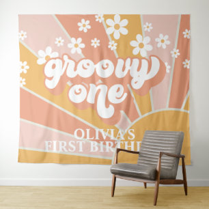 Retro Sunshine Groovy One Daisy Birthday Banner Ta Wandteppich