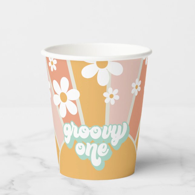 Retro Sunshine Groovy One Daisy Birthday Paper Cup Pappbecher (Vorderseite)