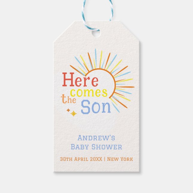Retro Sunshine kommt hier mit der Son Baby Dusche Geschenkanhänger (Vorderseite)