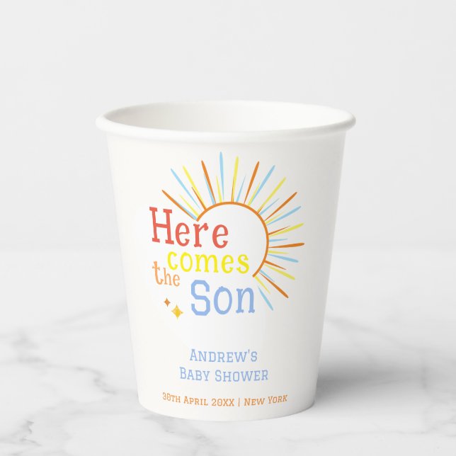 Retro Sunshine kommt hier mit der Son Baby Dusche Pappbecher (Vorderseite)