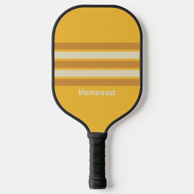 Retro Sunshine Mustard Across Streifen mit Namen Pickleball Schläger (Vorderseite)