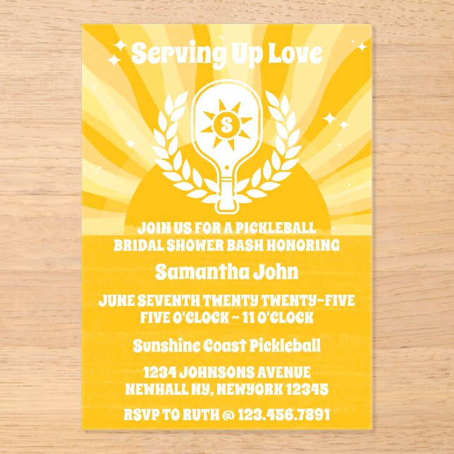 Retro Sunshine Pickleball Brautparty Acryleinladungen (Vorderseite)