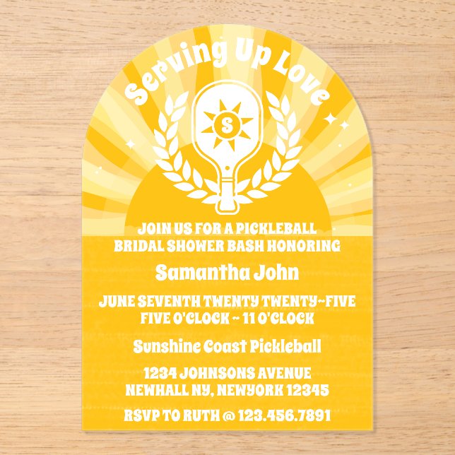 Retro Sunshine Pickleball Brautparty Acryleinladungen (Vorderseite)