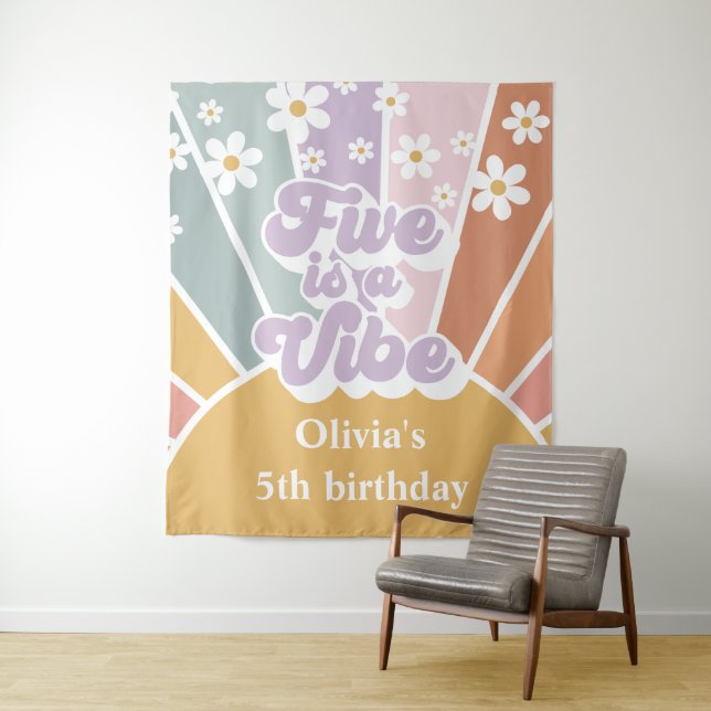 Retro Sunshine Rainbow Five ist ein Vibe Wandteppich (Beispiel)