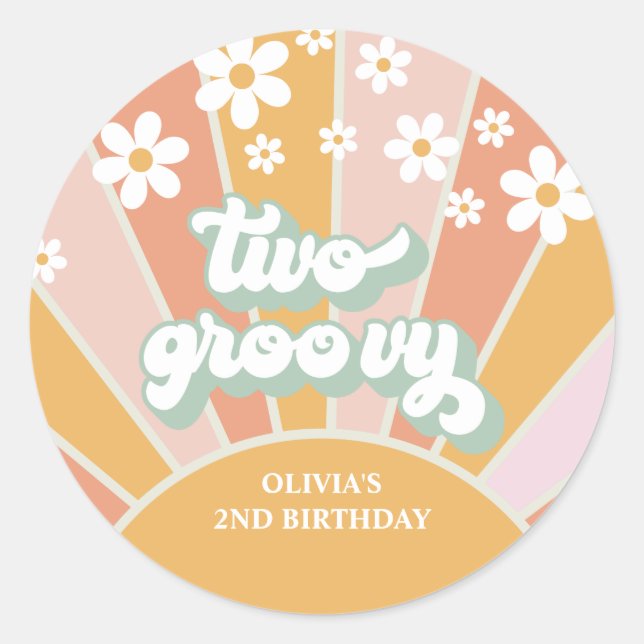Retro Sunshine Two Groovy Daisy Birthday Runder Aufkleber (Vorderseite)