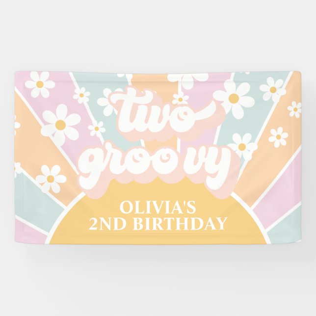 Retro Sunshine Two Groovy Pastel Daisy Geburtstag Banner (Horizontal)