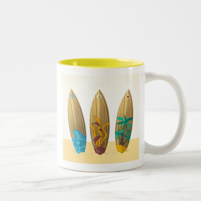 Retro Surboard Trio Sommerstrand Stil Zweifarbige Tasse (Rechts)