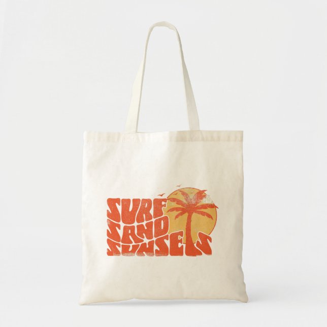 Retro Surf Sand Sunsets Palm Tree Beach Vibes Tragetasche (Vorne)