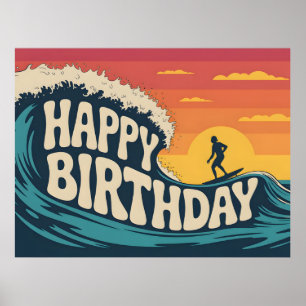 Retro-Surf-Thema "Happy Birthday"-Illustration Poster