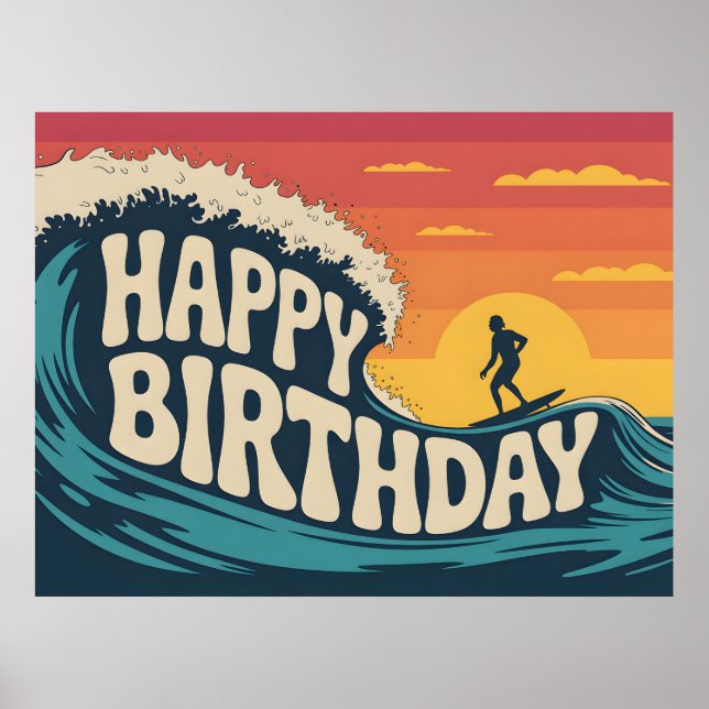 Retro-Surf-Thema "Happy Birthday"-Illustration Poster (Vorne)
