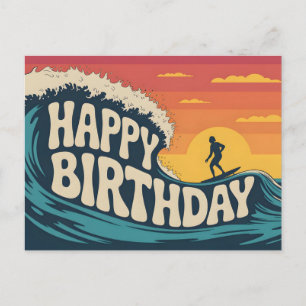 Retro-Surf-Thema-"Happy Birthday"-Illustration Postkarte