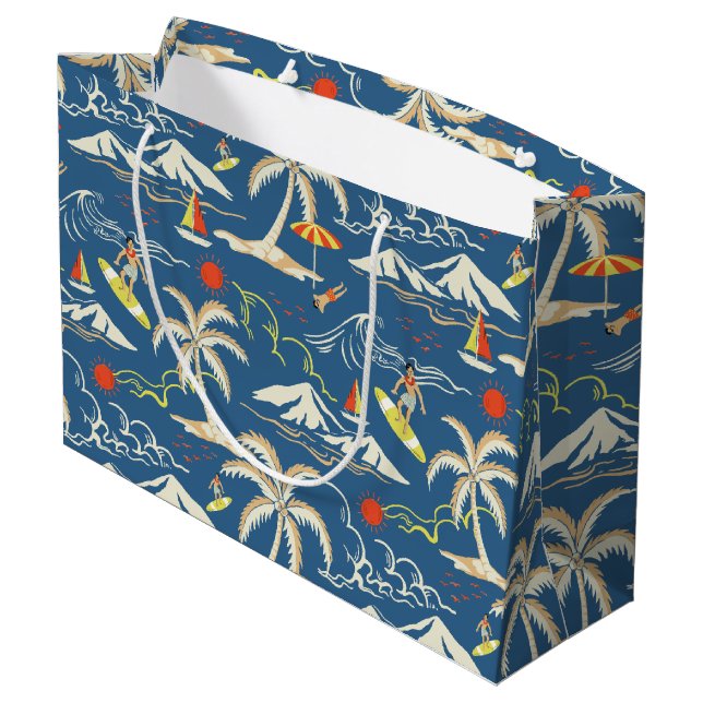 Retro Surf Tropical Pattern Große Geschenktüte (Rückseite Schrägansicht)