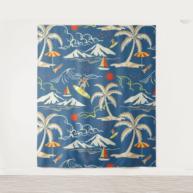 Retro Surf Tropical Pattern Wandteppich (Vorderseite)