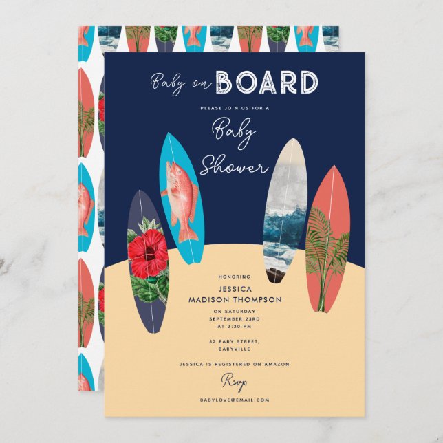 Retro Surfboards Baby on Board Baby Shower Einladung (Vorne/Hinten)