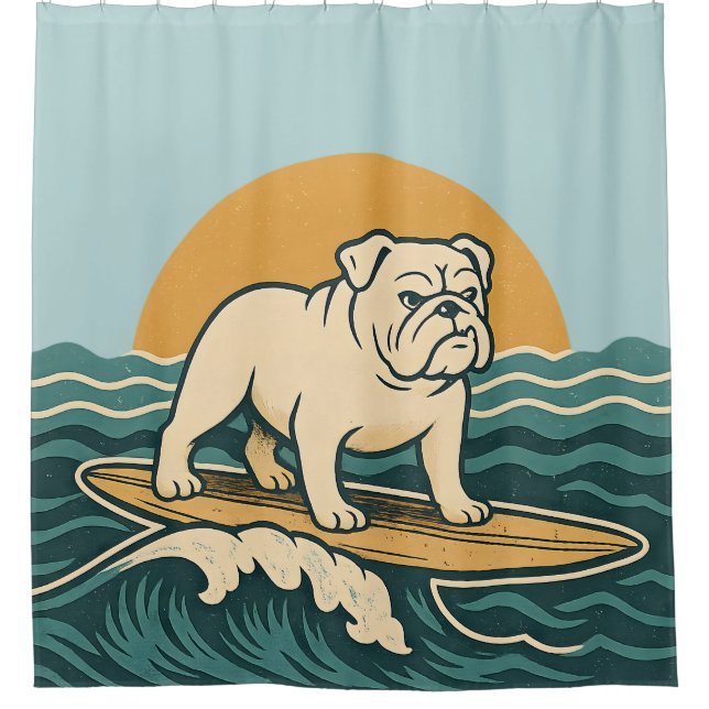 Retro Surfer Bulldog - Blue Coastal Surfing Dog Duschvorhang (Vorderseite)