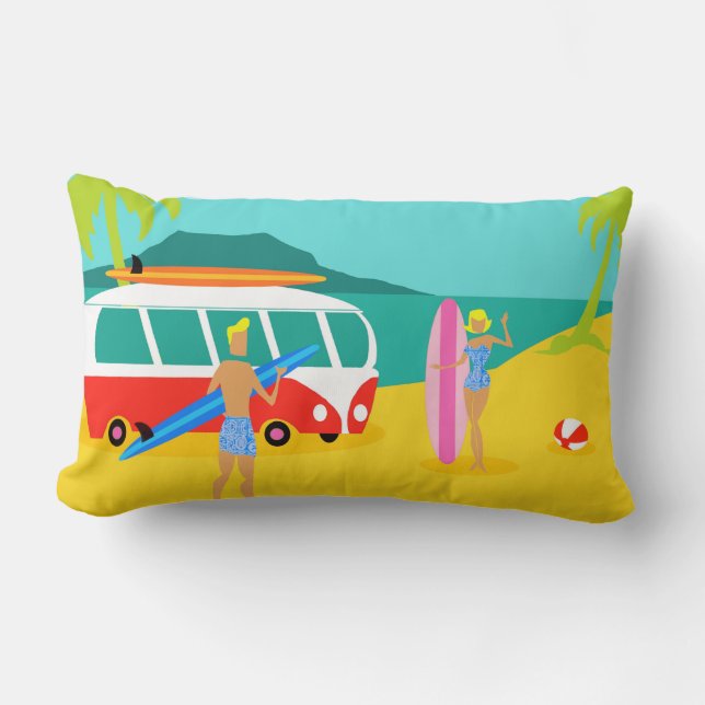 Retro Surfer Couple Lumbar Kissen (Vorderseite)