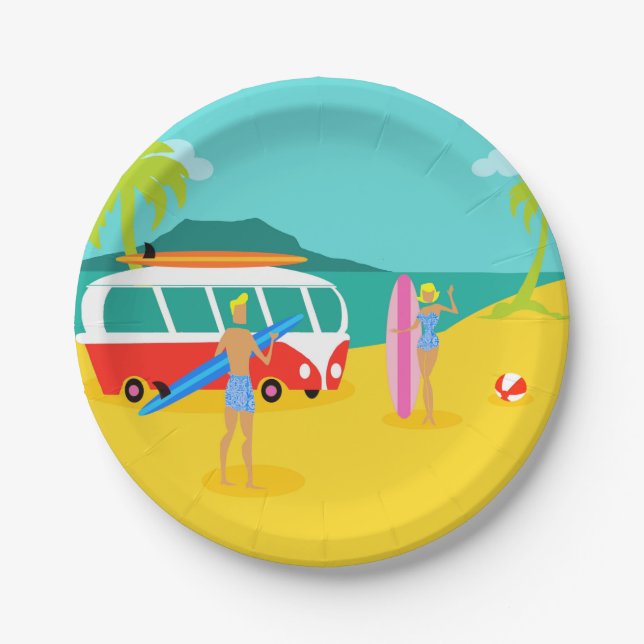 Retro Surfer Couple Paper Plate Pappteller (Vorderseite)