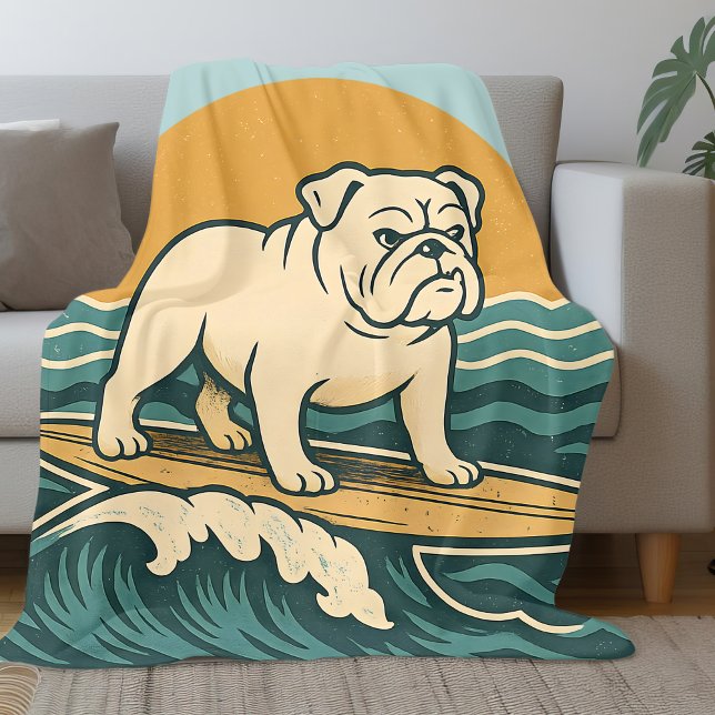 Retro Surfer Hund Blaue Küsten-Surfing-Bulldogge-K Fleecedecke (Von Creator hochgeladen)