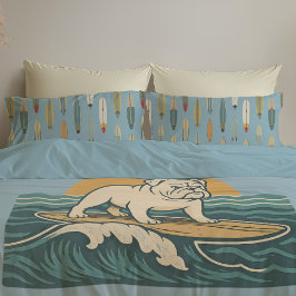 Retro Surfer Hund | Blauer Surfer Bulldogge Revers Kissenbezug