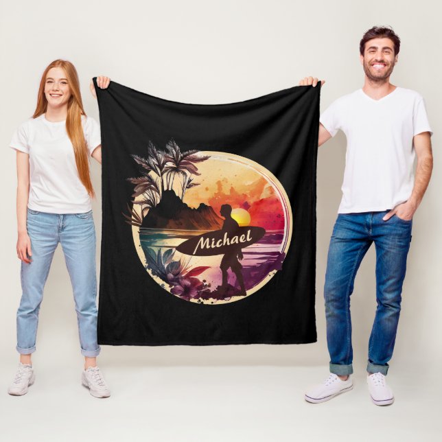 Retro Surfer Sunset Beach Fleecedecke (Beispiel)