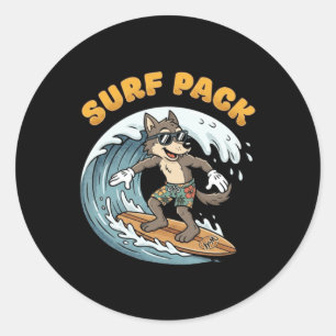 Retro-Surfer-Wolf-Surf-Pack-Ozeanwellen Retro Runder Aufkleber