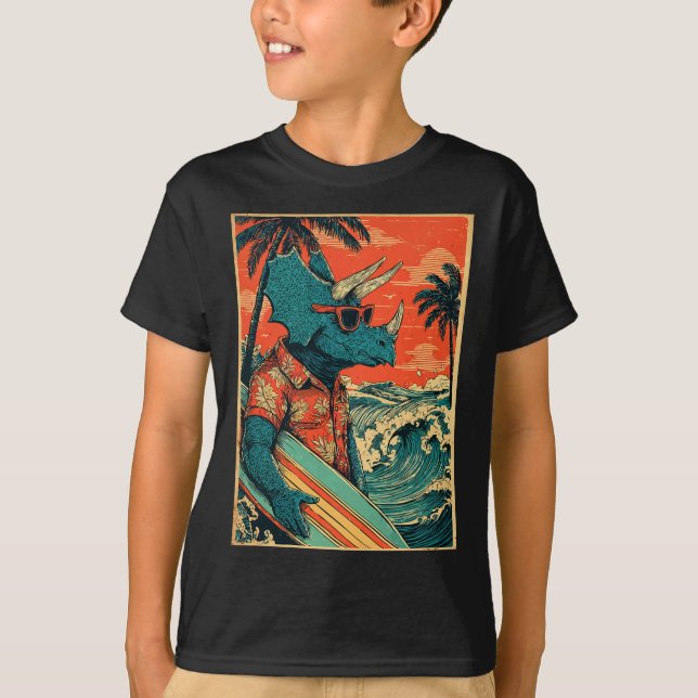 Retro Surfing Dinosaur Hawaii Summer Triceratops S T-Shirt (Vorderseite)