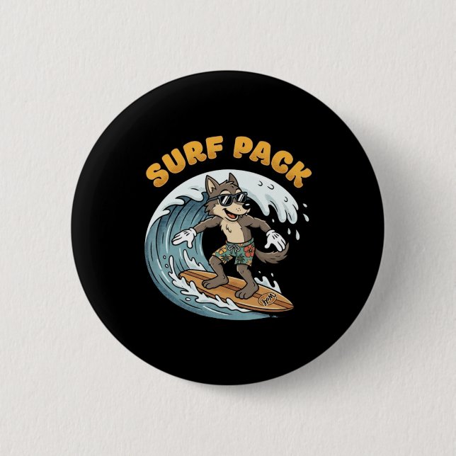 Retro Surfing Wolf Surf Pack Ozeanwellen Retro Button (Vorderseite)