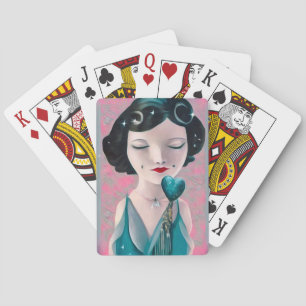 Retro Surreal Art Deco Aquamarines Herz Lady Spielkarten