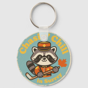 Retro Surrey BC Waschbär und Hockeyschläger Schlüsselanhänger