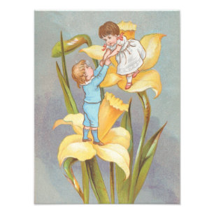 Retro Süß Schöne Valentinstag, Kinder und Narzisse Fotodruck