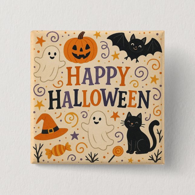 Retro, süß und wunderlich Frohes Halloween Button (Vorderseite)