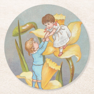 Retro süß Valentinstag, Kinder und Narzissen Runder Pappuntersetzer