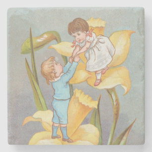 Retro süß Valentinstag, Kinder und Narzissen Steinuntersetzer
