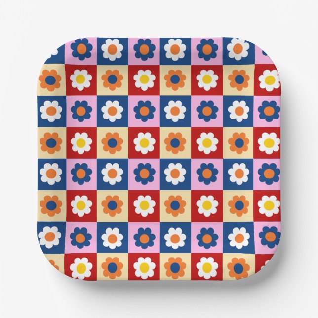 Retro Süße bunte Pastell-Blumen-Muster  Pappteller (Vorderseite)