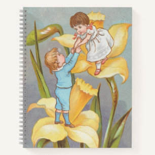 Retro Süße Valentinstag, Kinder und Narzissen Notizbuch