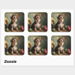 Retro süßer Welpe Yorkshire Terrier Hund Portrait Quadratischer Aufkleber