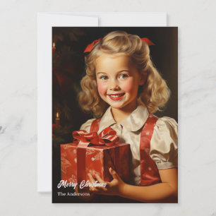Retro süßes Mädchen mit Weihnachtsgeschenk  Feiertagskarte